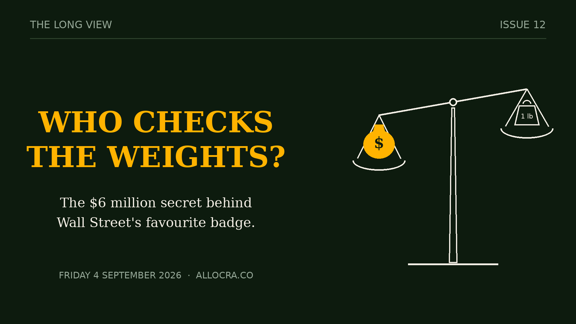 Dark green graphic headed The Long View, Issue 12. A balance scale tips out of true: a gold money bag marked with a dollar sign sinks below a cream one pound standard weight. Gold text: Who checks the weights? Cream text: The $6 million secret behind Wall Street's favourite badge.